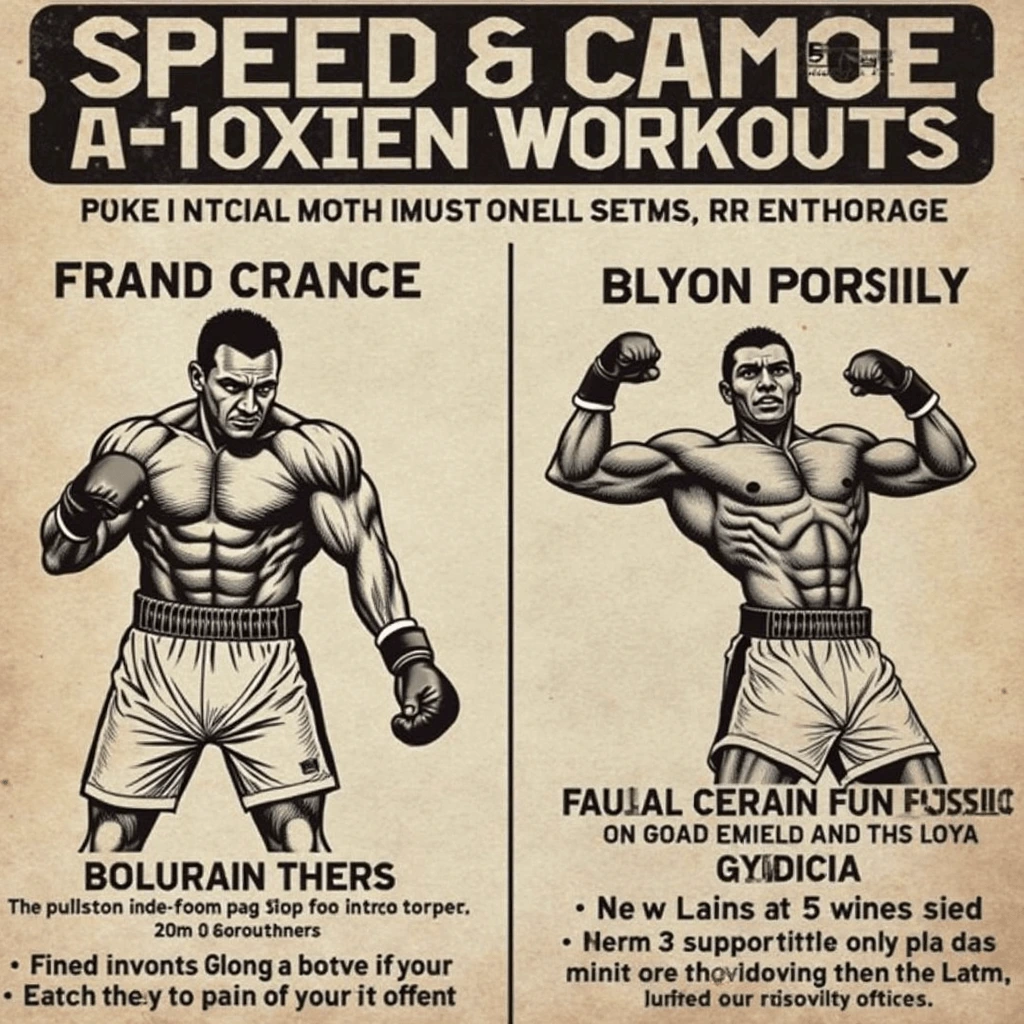 A vintage-style illustrated workout poster featuring two muscular boxers in training poses. The poster has bold, stylized text with unintelligible and misspelled words, attempting to describe boxing training workouts for speed and power. The left boxer is in a defensive stance, while the right boxer flexes his muscles.