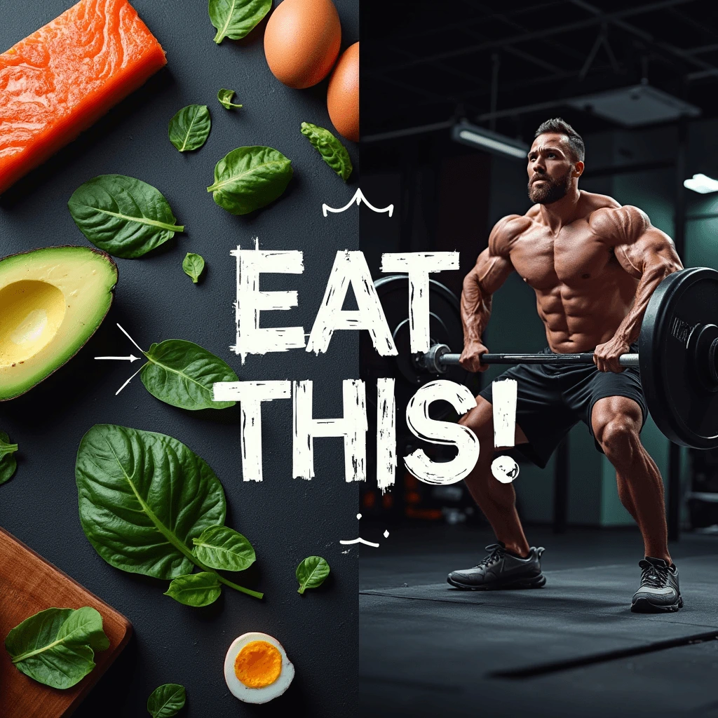 "A split-screen fitness graphic featuring healthy foods like salmon, avocado, spinach, and eggs on one side, and a muscular athlete lifting weights in a gym on the other side. The bold text in the center reads 'EAT THIS!'"