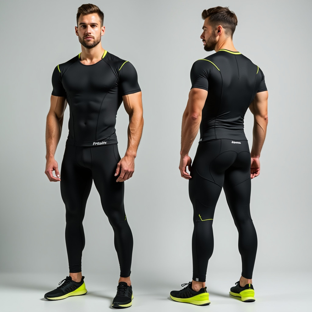 "Front and back view of a man Sportswear black athletic compression wear with neon green accents."