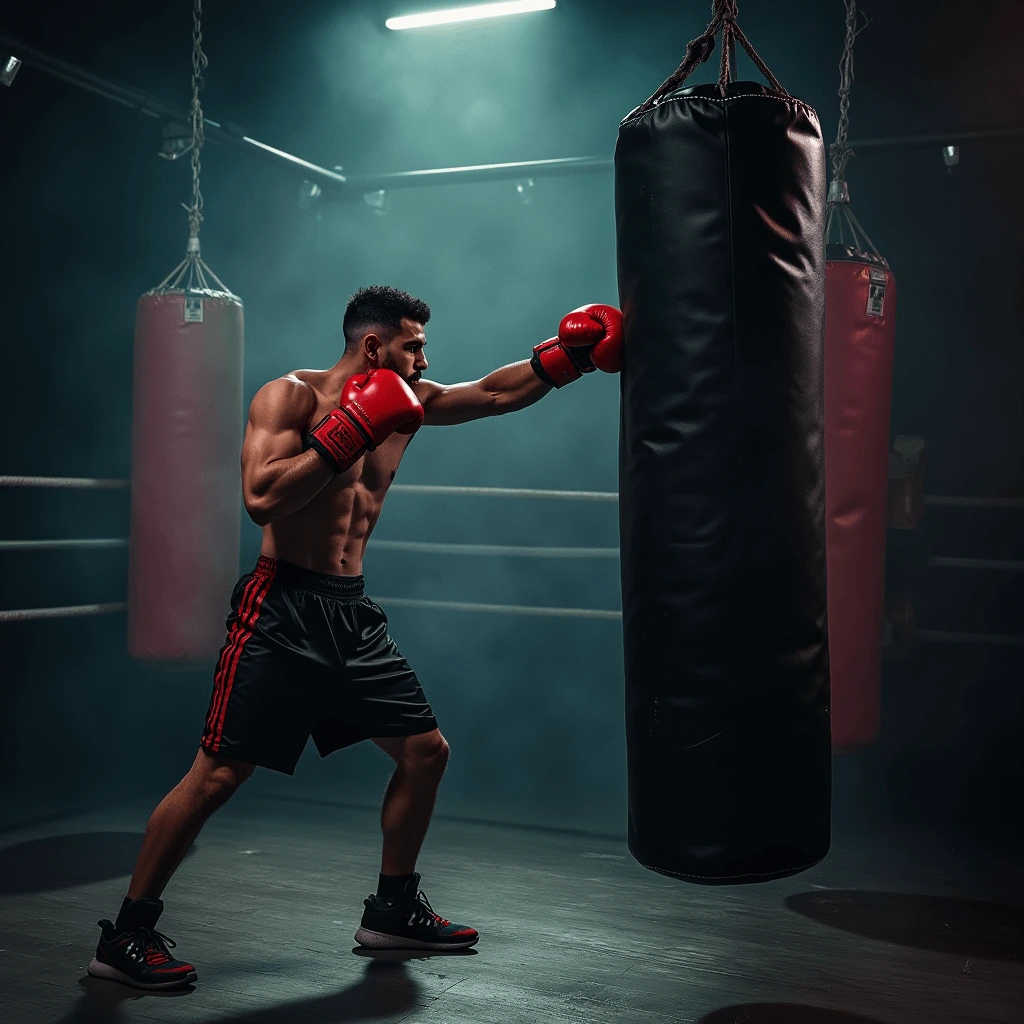 A boxer in red gloves and black shorts practices punching on a heavy bag in a dimly lit boxing gym, surrounded by additional punching bags.