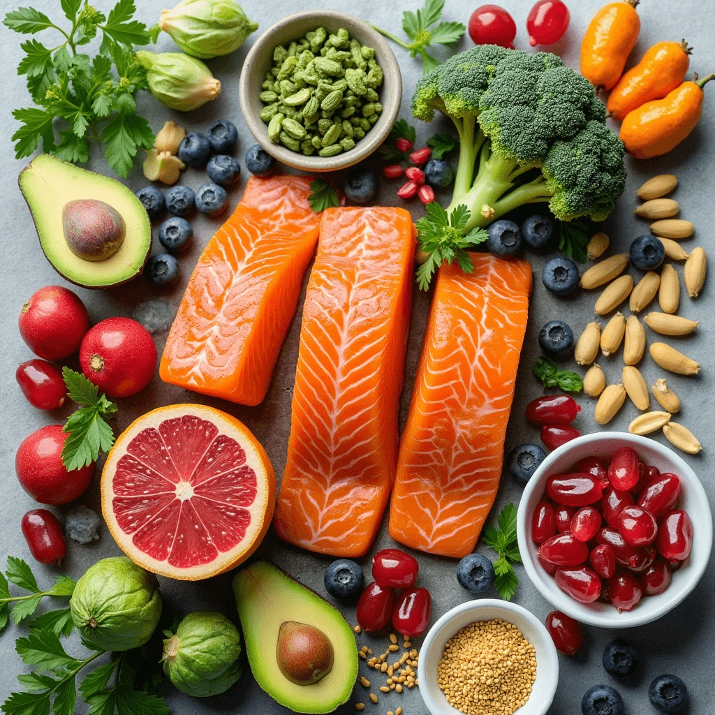 "A colorful flat-lay of healthy foods including salmon, avocado, grapefruit, broccoli, blueberries, almonds, and fresh herbs."