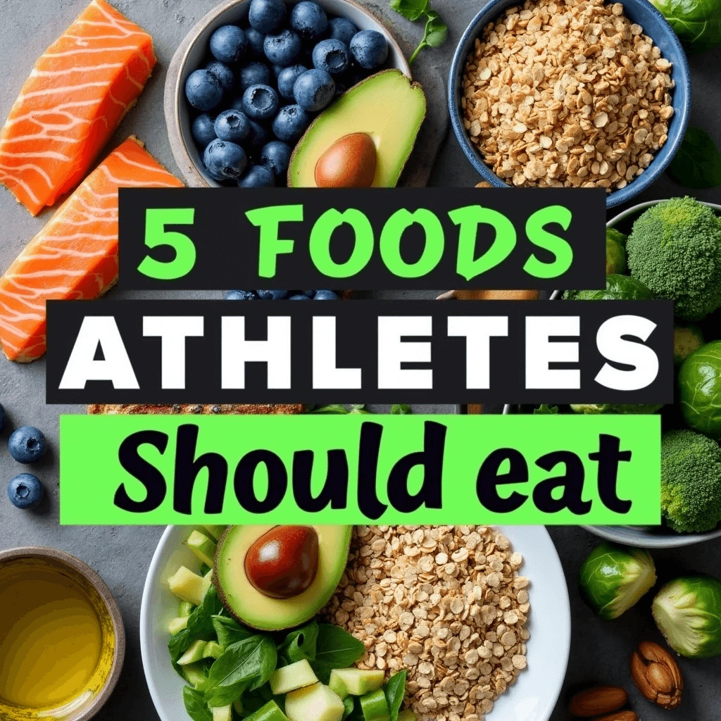 A top-down view of a healthy, balanced meal for athletes featuring fresh salmon fillets, avocado, blueberries, oats, broccoli, spinach, brussels sprouts, almonds, and olive oil.