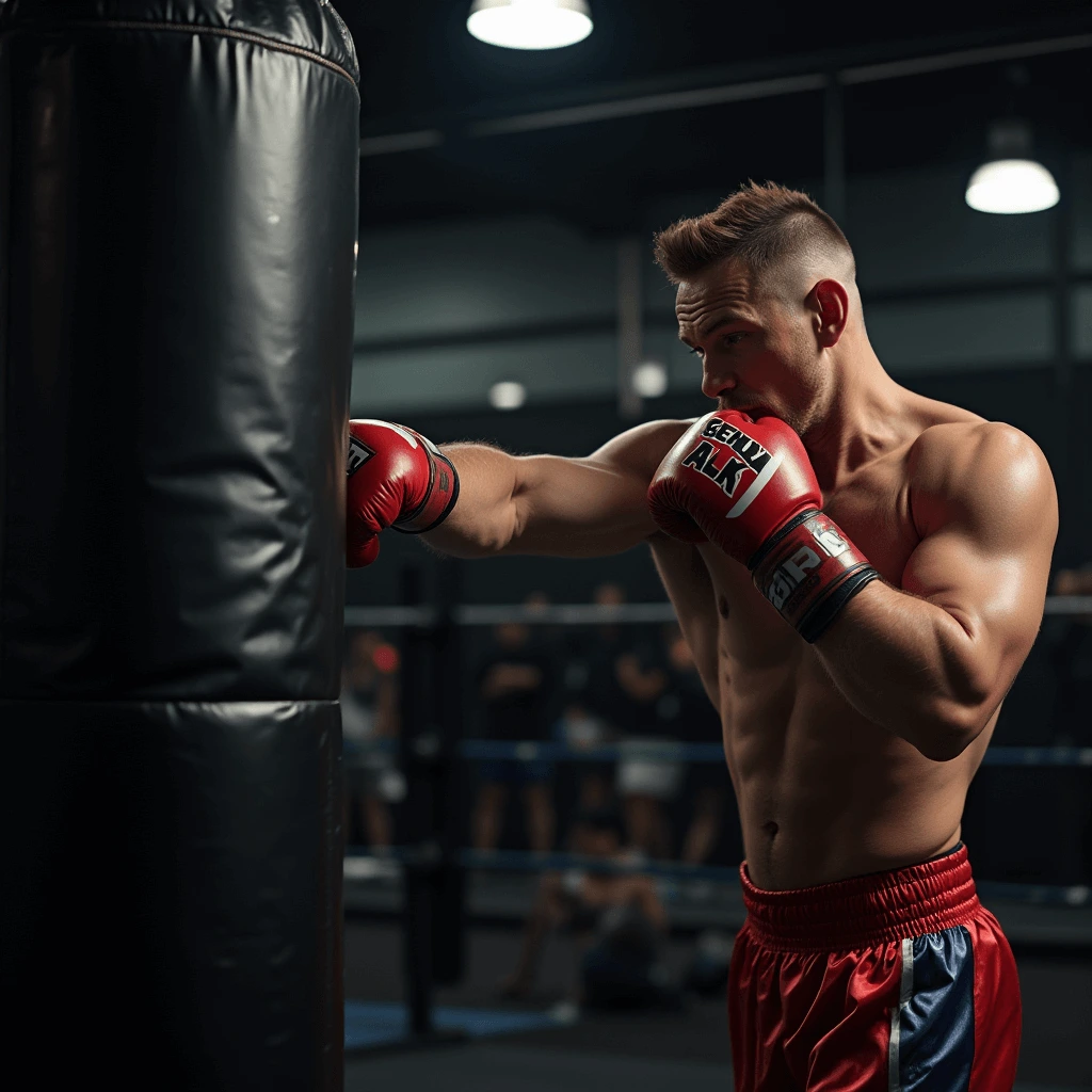 A boxer in red gloves and red shorts practicing punches on a punching bag in a dimly lit gym.
