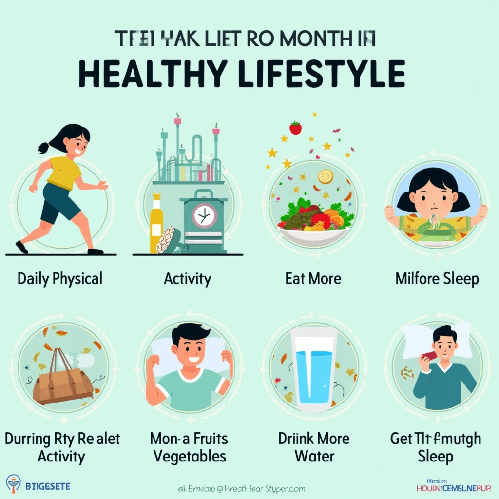 "Infographic depicting healthy lifestyle tips, including daily physical activity, eating more fruits and vegetables, drinking water, and getting enough sleep."