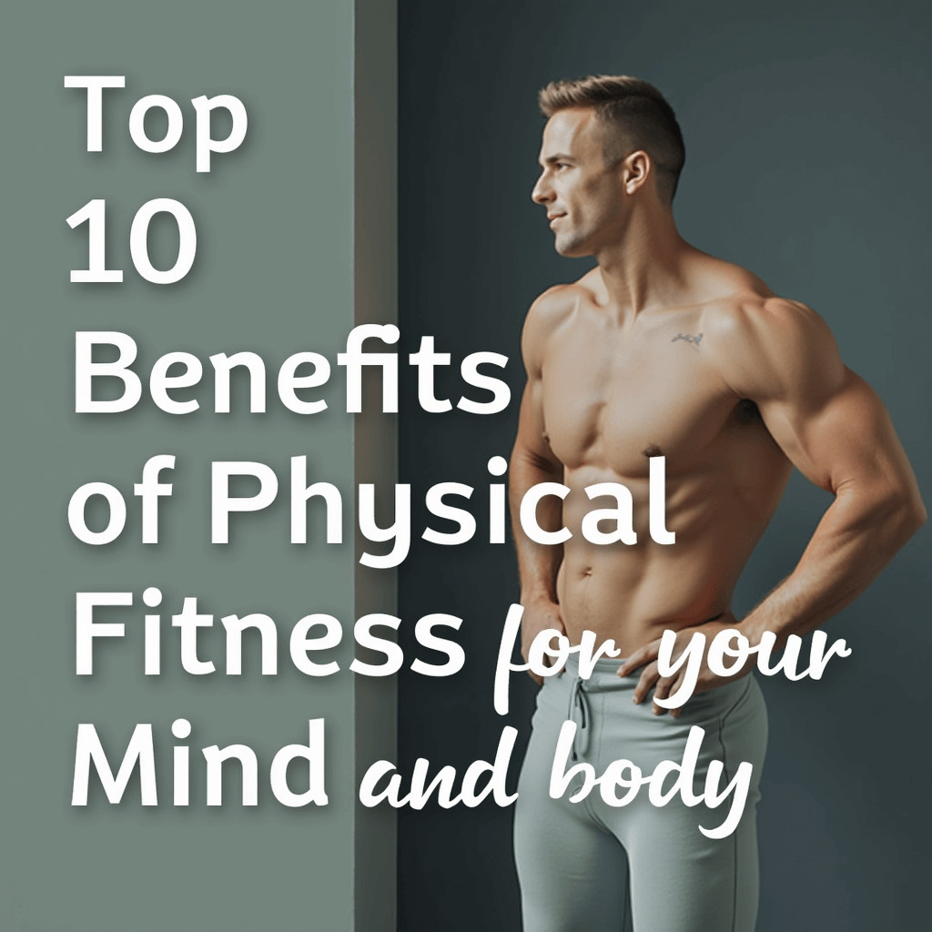 "A muscular man standing in profile wearing light grey pants with the text overlay 'Top 10 Benefits of Physical Fitness for your Mind and Body.