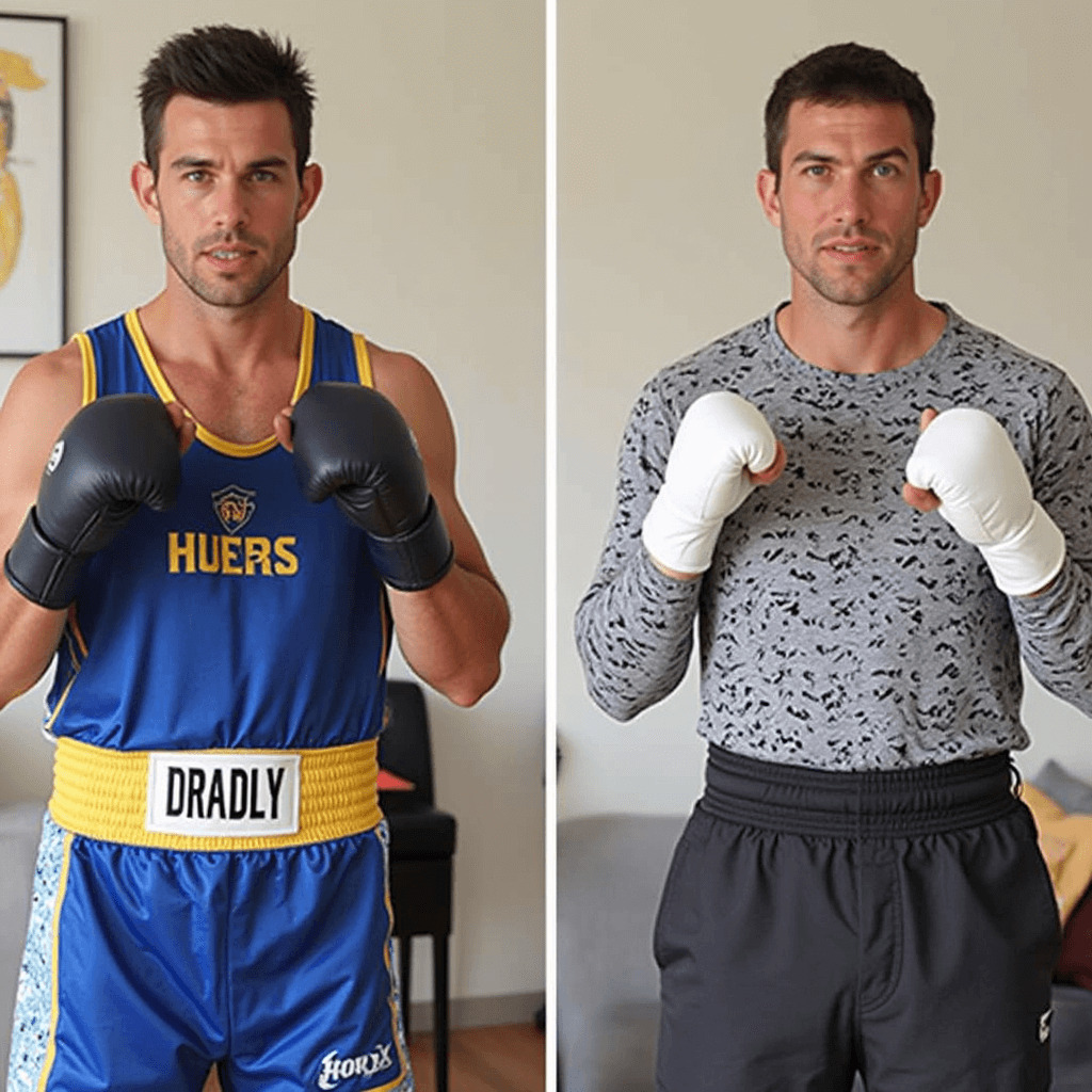 A side-by-side comparison of a boxer wearing professional boxing attire on the left and casual training gear on the right.