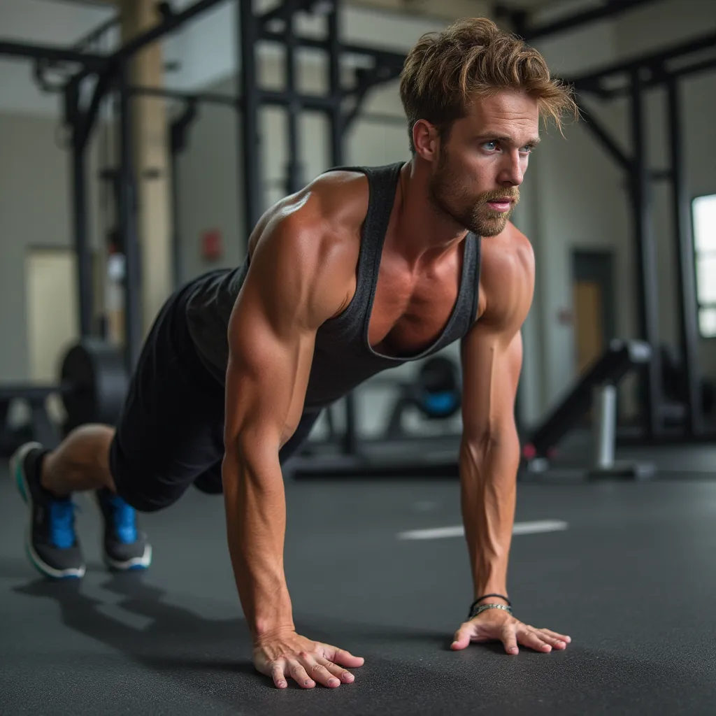 A man with light brown hair and a slight beard is doing push-ups on a black gym floor. He's wearing a dark gray tank top, black shorts, and blue and black athletic shoes. His arms are extended, supporting his weight, and he's looking straight ahead with a determined expression. The gym background is slightly blurred.the best time to do calisthenics