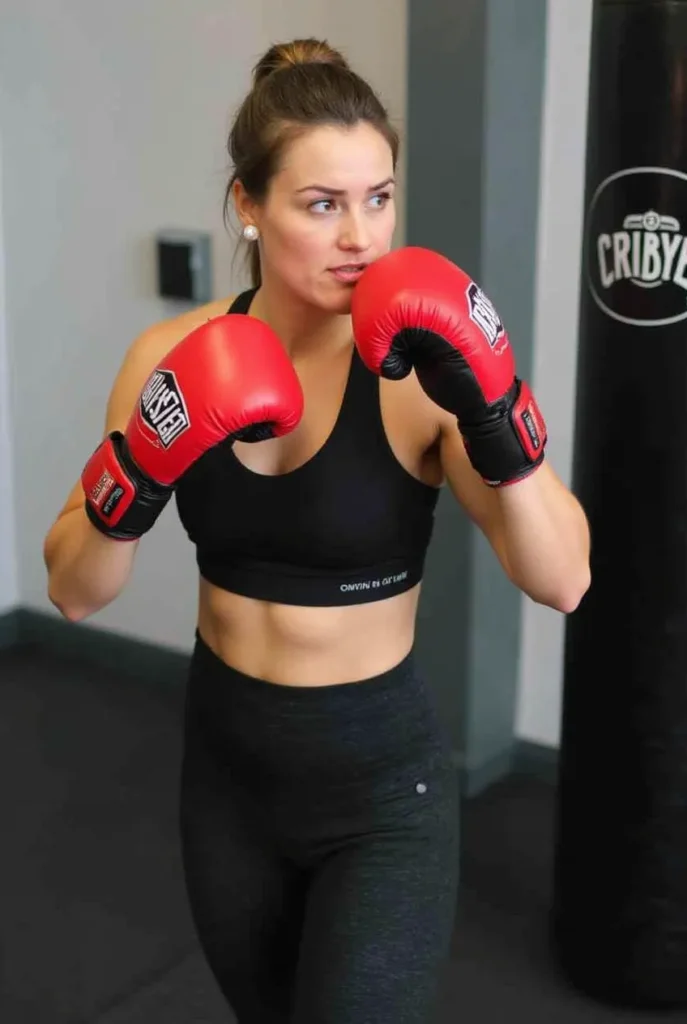 : A fit woman wearing red boxing gloves and black athletic wear, standing in a boxing stance at a gym with a punching bag in the background.